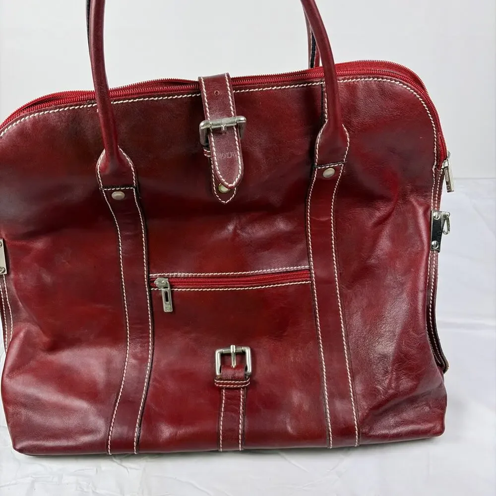 Vintage Italian Red Leather Travel Duffle Bag Overnight Weekender Carry On 18